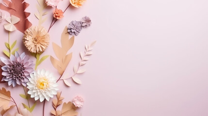 Delicate Spring Flowers on Pastel Pink Paper Background with Copy Space, Holiday and Mothers Day Theme - Generative AI