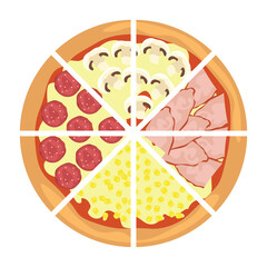 Delicious cut pizza on white background, top view