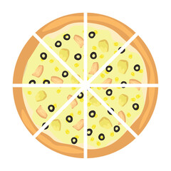 Delicious cut pizza with olives on white background, top view