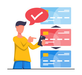 Online payment. Man pays online from smartphone, he chooses credit card