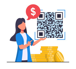 Online payment. The woman points to a QR code to pay for the payment, gold coins next to it
