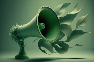 Sustainable Media. Eco Green Loudspeaker and Green plant on Green background