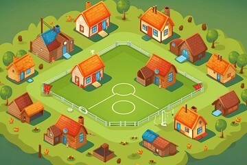 Fototapeta premium residential soccer field with surrounding houses and fence. Generative AI