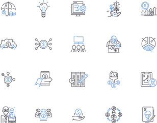 Business valuation outline icons collection. Business, Valuation, Analysis, Appraisal, Models, Cost, Market vector and illustration concept set. Equity, Assets, Liabilities linear signs