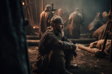Fototapeta premium Vikings, Normans warriors and generals fighting on the battlefield, epic battle scene. Generative AI