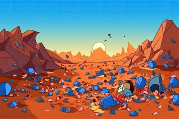 Cartoon Desert Scene with Rocks and a Tent. Generative AI