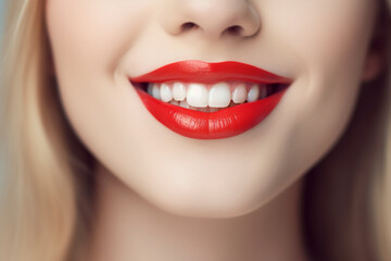 Fototapeta premium Beautiful smile of a young blond woman with red lipstick white teeth, closeup. Generative AI