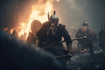 Vikings, Normans warriors and generals fighting on the battlefield, epic battle scene. Generative AI