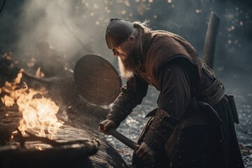 Fototapeta premium Vikings, Normans warriors and generals fighting on the battlefield, epic battle scene. Generative AI