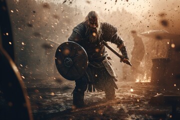 Vikings, Normans warriors and generals fighting on the battlefield, epic battle scene. Generative AI