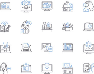 Management and workflow outline icons collection. Workflow, Management, Planning, Organization, Process, Strategies, Efficiency vector and illustration concept set. Coordination, Automation