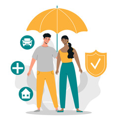 Family under umbrella concept. Metaphor for private property, real estate, car and health insurance. Healthcare and medical service. Building, home or house. Cartoon flat vector illustration