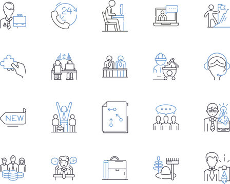 Management Department Outline Icons Collection. Managing, Session, Training, Workshop, Business, Leadership, Strategies Vector And Illustration Concept Set. Planning, Coaching, Facilitation Linear