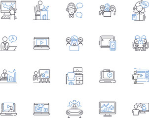 Fototapeta na wymiar Corporation teamwork outline icons collection. Cooperation, Collaboration, Synergy, Synchronization, Coordination, Groupwork, Collectiveness vector and illustration concept set. Jasmine, Alliance