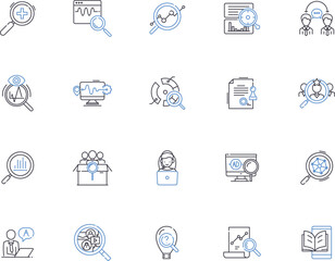 Research outline icons collection. Research, Investigation, Exploration, Analysis, Study, Inquiry, Assay vector and illustration concept set. Breakdown, Examine, Survey linear signs
