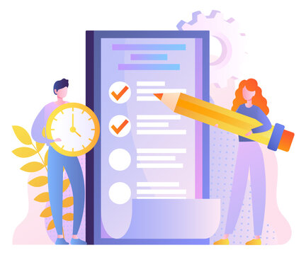 Checklist mobile concept. Man with watch and woman with pencil near list of tasks and goals. Organization of effective workflow and time management, setting deadline. Cartoon flat vector illustration