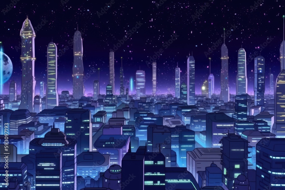 Wall mural vibrant city skyline filled with towering buildings and bright lights at night. generative ai