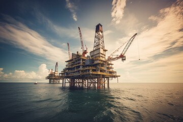 Offshore oil and gas rig platform with beautiful sky in the gulf of Thailand. Generative AI - obrazy, fototapety, plakaty