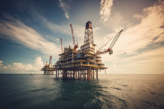 Offshore oil and gas rig platform with beautiful sky in the gulf of Thailand. Generative AI