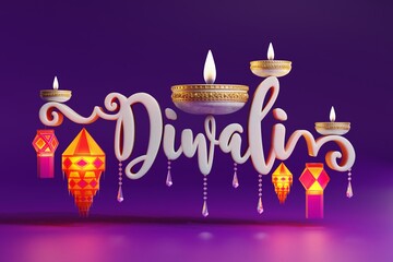 3D rendering for diwali festival Diwali, Deepavali or Dipavali the festival of lights india with gold diya on podium, patterned and crystals on color Background.