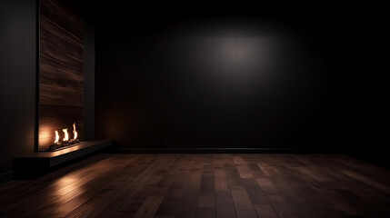 Empty light dark wall with beautiful chiaroscuro and wooden floor. Minimalist background for product presentation, mock up