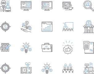 portfolio management outline icons collection. Portfolio, Management, Investment, Asset, Stocks, Bonds, Risk vector and illustration concept set. Analyze, Strategies, Rebalancing linear signs