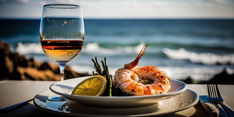 A close up of a plate with shrimp and a wine glass while overlooking the sea. Generative AI
