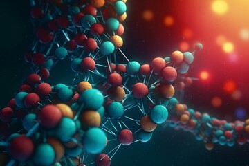 Colorful molecules background. DNA helix, DNA strand, DNA Test. Molecule or atom, neurons. Abstract structure for science or medical background, banner. Scientific illustration. Generative AI