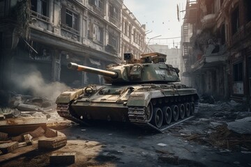 Fototapeta na wymiar Сoncept of war and destroyed tank in city Generative AI