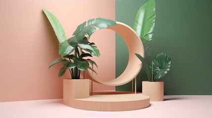 Minimal Display Podium with Tropical Plants and Flowers - Product Showcase