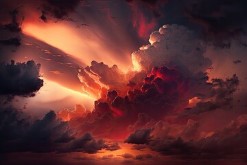 Nature background. Dramatic clouds on the sky in red colors. Generative AI