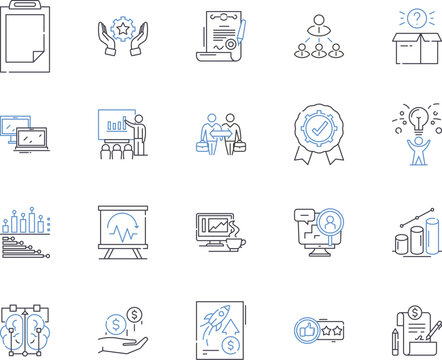 Strategy and enterprice outline icons collection. Strategy, Enterprise, Planning, Analyzing, Outcomes, Business, Objectives vector and illustration concept set. Growth, Processes, Solutions linear