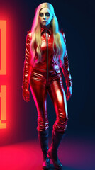  Blonde girl wearing red latex and leather created with generative AI technology