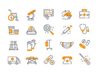 Disease outline icons set. Microscope and magnifying glass, test tube. Wheelchair, syringe and bandage. Ambulance and mask with gloves. Cartoon flat vector illustrations isolated on white background