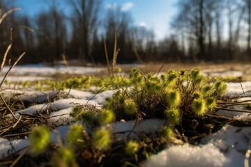 Under the snow, there is green grass in nature. Generative AI