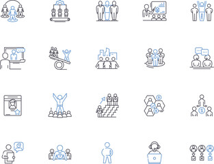 Corporative people outline icons collection. Corp, People, Employees, Colleagues, Executives, Managers, Professionals vector and illustration concept set. Workers, Teams, Departmental linear signs