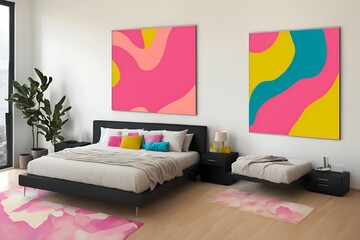 Photo of a cozy bedroom with a comfortable bed and two beautiful paintings on the wall