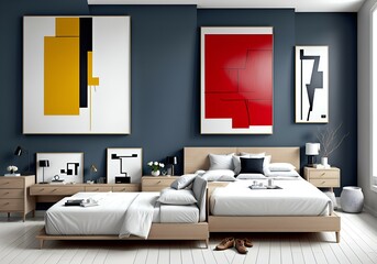 Photo of a cozy and stylish bedroom with a comfortable bed and beautiful artwork