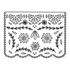 Mexican paper cut flag Papel Picado template design, doodle style vector outline for coloring book
