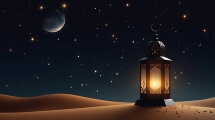 Lanterns stands in the desert. Ramadan kareem night lantern. Generative ai