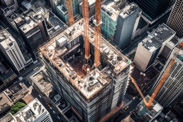 Top down view of skyscraper construction, drone aerial point of view. Cranes and other construction equipment. High quality generative ai