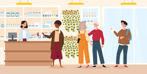Pharmacist selling drugs. Woman in medical uniform suggests medicines to characters. People in line near cashier. Health care and disease treatment. Pharmacy buying. Cartoon flat vector illustration