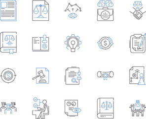 Lawyer outline icons collection. Lawyer, Attorney, Barrister, Advocate, Solicitor, Barrack, Jurist vector and illustration concept set. Counselor, Litigator, Arbitrator linear signs