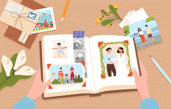 Family album concept. Character opens book with photos of parents and children, memories. Wedding, summer vacation on pier and in amusement park. Memorable book. Cartoon flat vector illustration