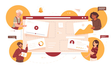 Website designers concept. Men and women with interface elements develop mobile application, software and program. Web project presentation, digital online product. Cartoon flat vector illustration