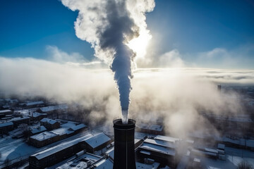 Smoke coming out of a tall smokestack, aerial view with industrial cityscape in background, winter time. Pollution is a serious environmental problem. High quality generative AI