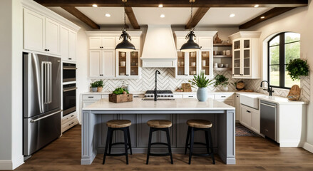 Traditional Kitchen with Hardwood Floors and Large Quartz Island in a Luxury New Home AI