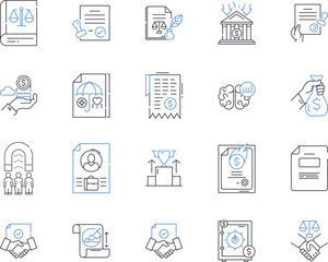 Legal department outline icons collection. Lawyer, Attorney, Litigation, Court, Compliance, Regulation, Contract vector and illustration concept set. Document, Statute, Jurisdiction linear signs