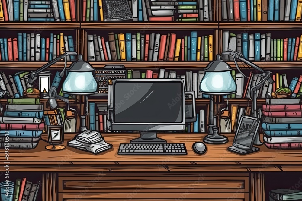 Poster computer desk with a bookshelf in the background. generative ai