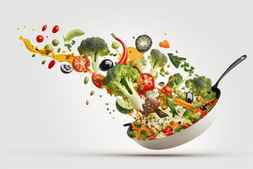 making a nutritious meal. Fresh vegetables flying into a skillet in a creative collage on a white background. Broccoli, spinach, olives, and tomato, lettuce, and pepper slices fall. Generative AI
